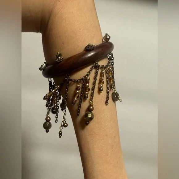 Wooden Bracelet with Gold Accents and Chains - Picture 13 of 13
